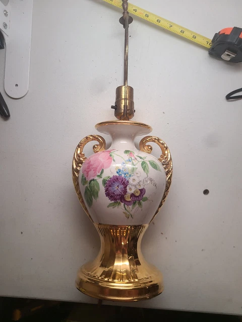 Vintage Old Gold Painted Lamp Ceramic Solid 20" No Shade Brass Topper