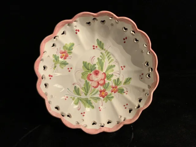 Vintage Italian Majolica 10” Scalloped Edge Bowl/Dishw/Pink Florals Hand Painted
