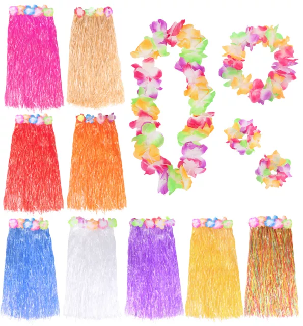 Hawaiian Hula Skirt And 4 Pc Lei Set Ladies Luau Long 80Cm Fancy Dress Costume