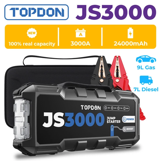 TOPDON JS3000 JumpSurge 3000 – 12V Jump Starter With 3000A Peak, 24000mAh, Works On Gas Up To 9.0L & Diesel Up To 7.0L, 10 Protections