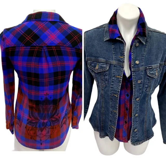 Womens Plaid Button Up Small Upcycled Ombre Stencil Faconnable Denim Jacket Lot