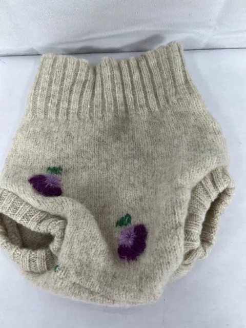 Vintage Baby Bloomers Diaper Cover Wool Beige Purple Flower Shorts Knit