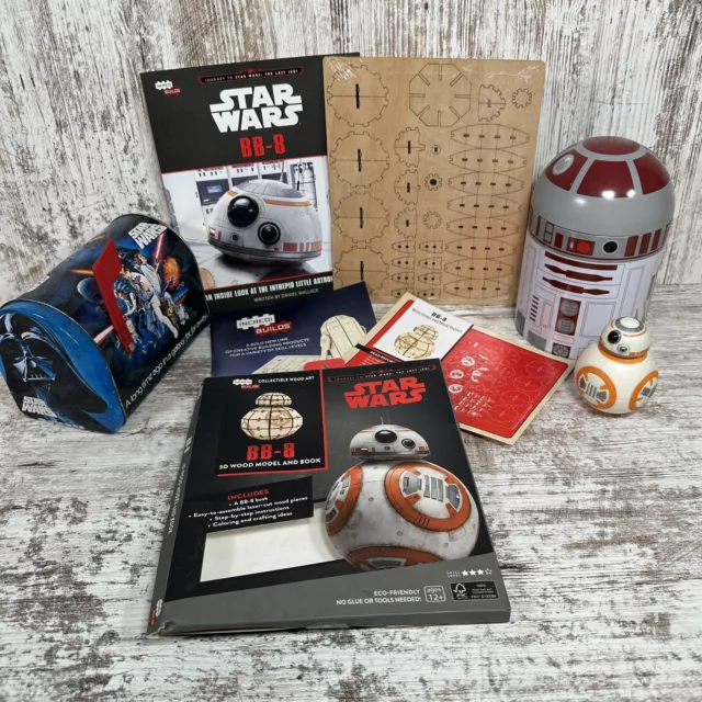 Star Wars Variety Toy Lot ￼- Unused Wood art, Tin Can, Mailbox, BB-2 Figurine