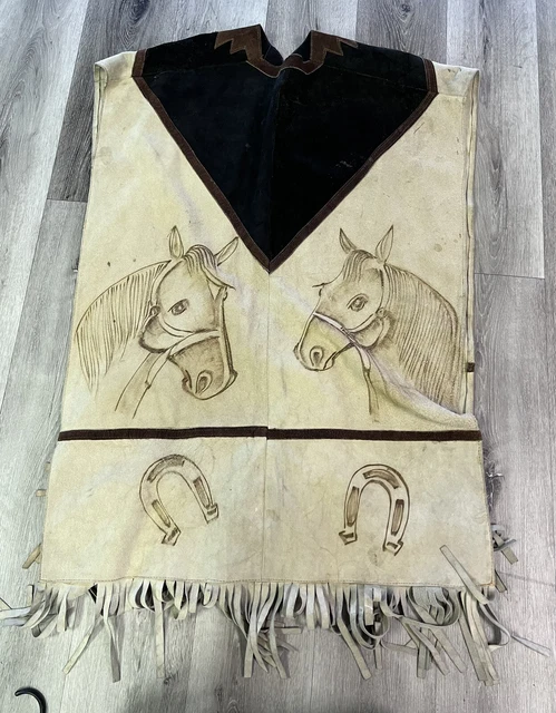 Vintage COWBOY Leather SHAW Poncho Horses Art Western One Size VTG 70s Artwork