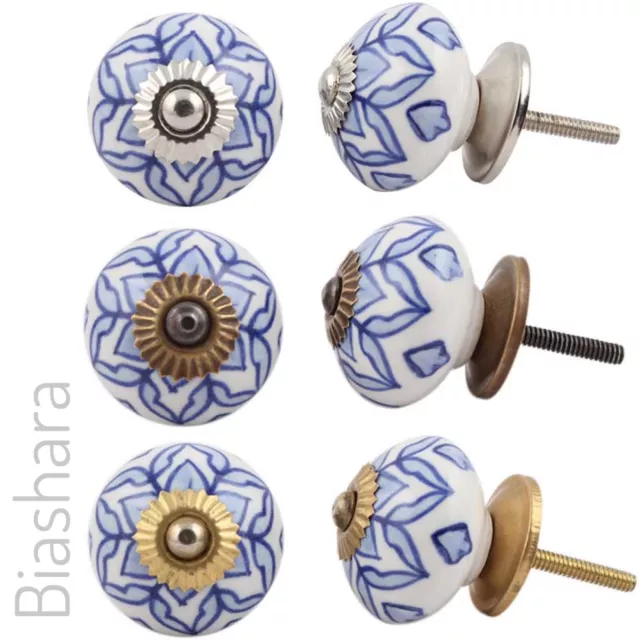 Blue and White CERAMIC DOOR KNOBS Floral Cupboard Handles Cabinet Drawer Solid