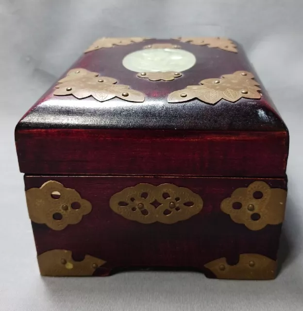 Chinese Oriental Wood With Brass and Jade 5.3” X 4” X 3.25" Jewelry Box Vintage 3