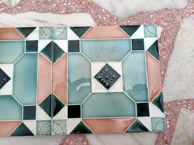 2Pc Antique Majolica Beautiful Art Nouveau Architecture Furniture Tile Japan 3