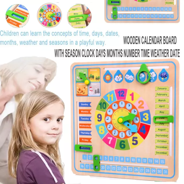 Kids Educational Toys Montessori Wooden Calendar Board Season Days Months Clock