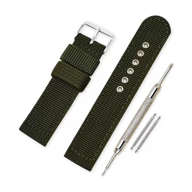 Correa De Nylon Para Reloj - 22 mm - Verde Militar - Herramienta - 2 Pasadores