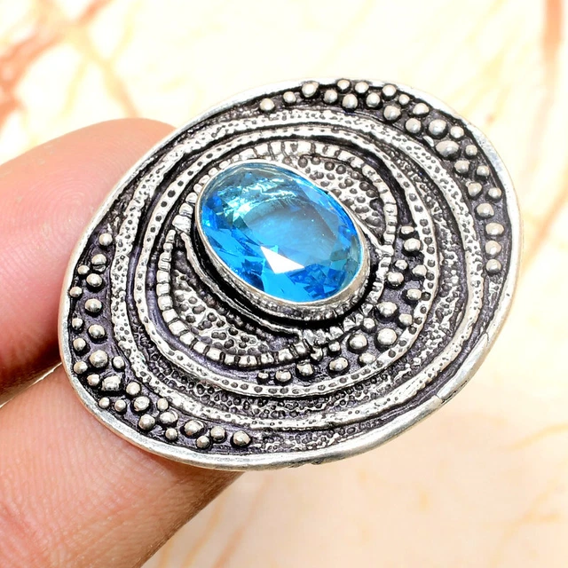 Swiss Blue Topaz Gemstone Handmade Gift Jewelry Ring Size 8 j620
