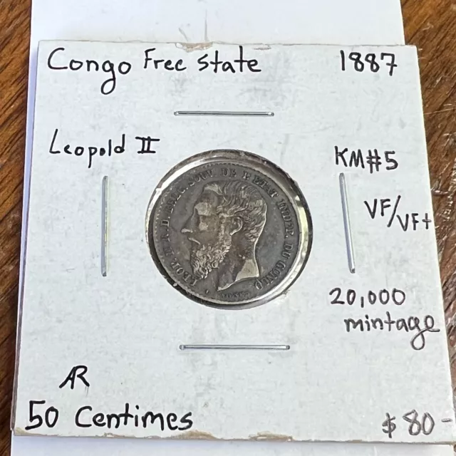 1887 Congo Free State 50 Centimes Silver, Belgian Africa, KM#5, VF+