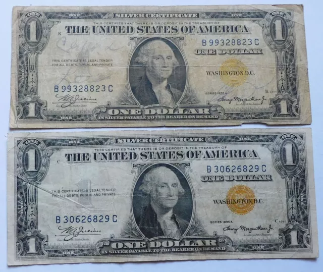 Two 1935 A North Africa $1 Silver Certificates, Yellow Seal Washington Bills