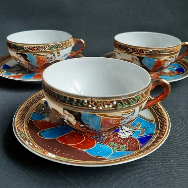 3 kleine Teetassen + UT Geisha Japan Satsuma Moriage Lithiophanie vergoldet