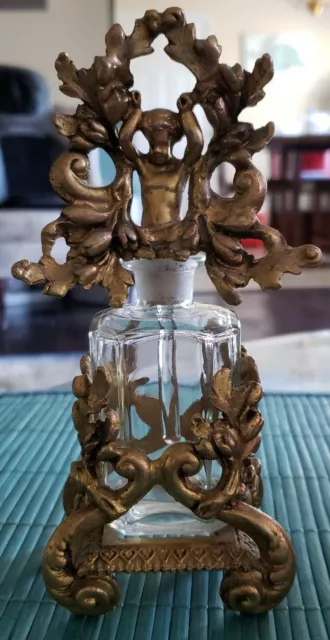 Elaborate 19Th Century French Glass & Ormolu Vanity Perfume Bottle W/ Cupid