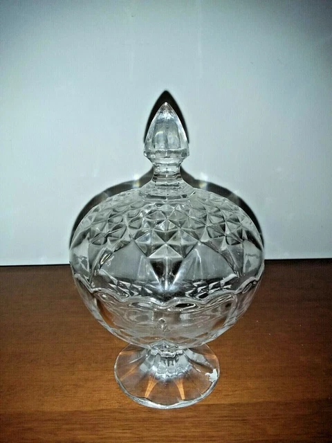 Vintage Lead Crystal Glass Round Dome With Peak Trinket Box Dish Powder Puff