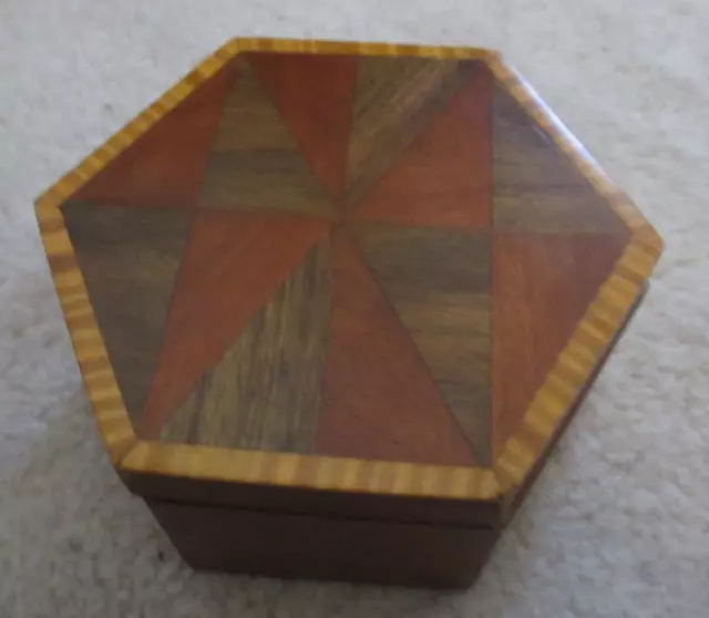 Vintage Wooden lidded jewellery Box with abstract inlaid wooded lid