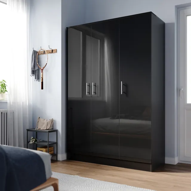 Black Gloss 3 Door Triple Wardrobe with Hanging Rail & Shelves Storage Cupboard