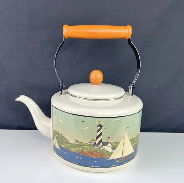Vtg Enamelware Warren Kimble Coastal Breeze Metal Tea Kettle Lighthouse Sailboat Vtg Enamelware Warren Kimble Coastal Breeze Metal Tea Kettle Lighthouse Sailboat