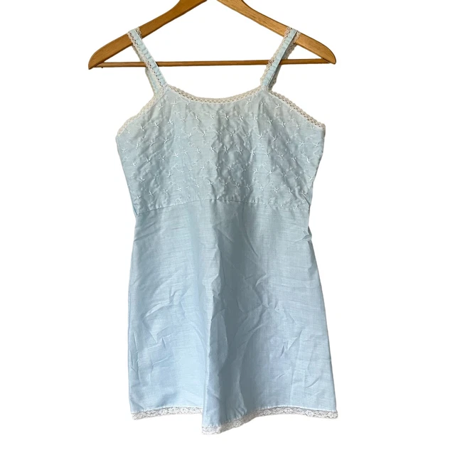 Vtg 60s  Womens Embroidered Baby Blue Lace Trim Pajama Top Shirt Babydoll Sz 12