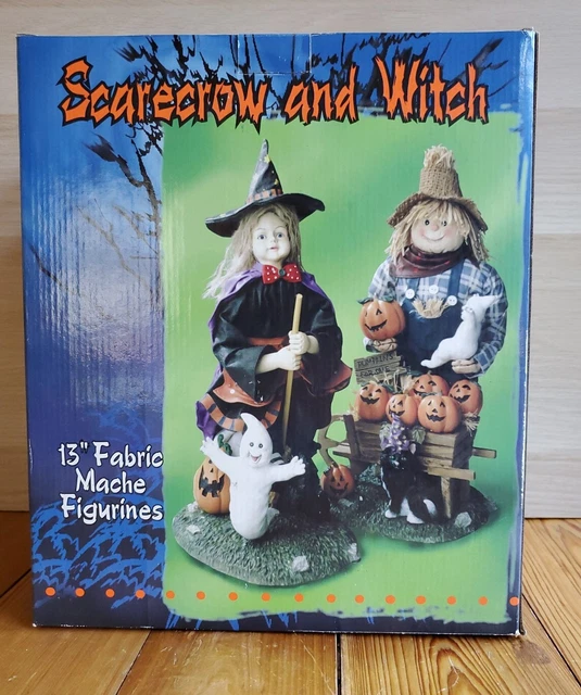 Halloween Scarecrow and Witch 13” Fabric Mache Figures In Original Box
