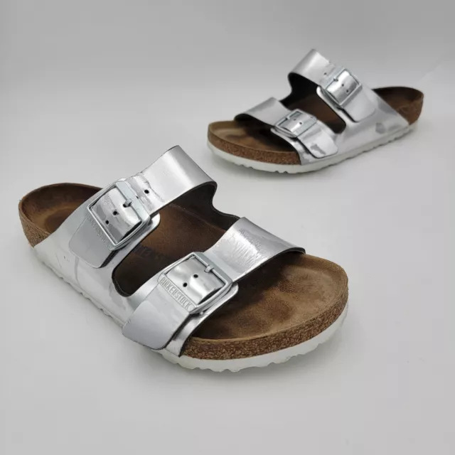 Birkenstock Arizona Soft 41 US 10 Womens Mens 8 Metallic Silver Leather Sandal