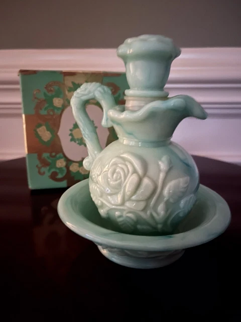 VTG  Avon 5" Victoriana Pitcher & Bowl Set Decanter Green Aqua Jadeite - W/ Box