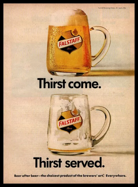 1967 Falstaff Brewing Beer Mugs "Thirst Come. Thirst Served." Vintage Print Ad