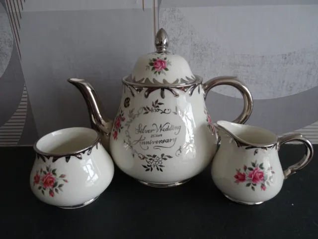 Arthur Woods Silver Wedding Anniversary Teapot with milk jug and sugar bowl