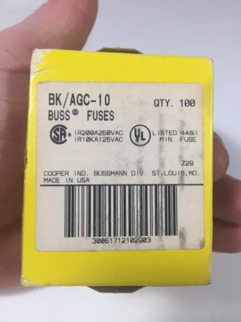 Bussman / Eaton (100 Count) BK/AGC-10 Cartridge Fuses 250VAC Fast Acting USA