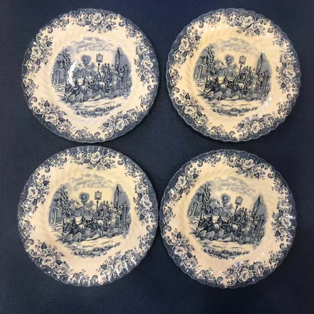 Set of 4 Coaching Scenes Blue and White Dinner Plates Johnson Bros. England