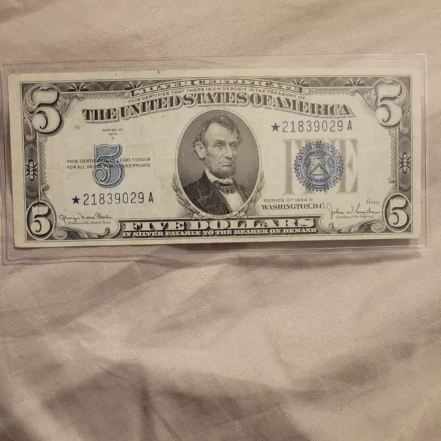 👀💎⭐️1934 D $5 Five Dollar Silver Certificate Starnote⭐️ Note~US~Rare~Crisp💎⭐️