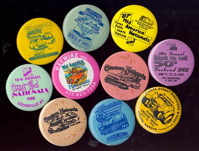 Vintage CAR SHOW 10 Pinback Button Lot  Mid America, Street Rod Nationals (HOT1)