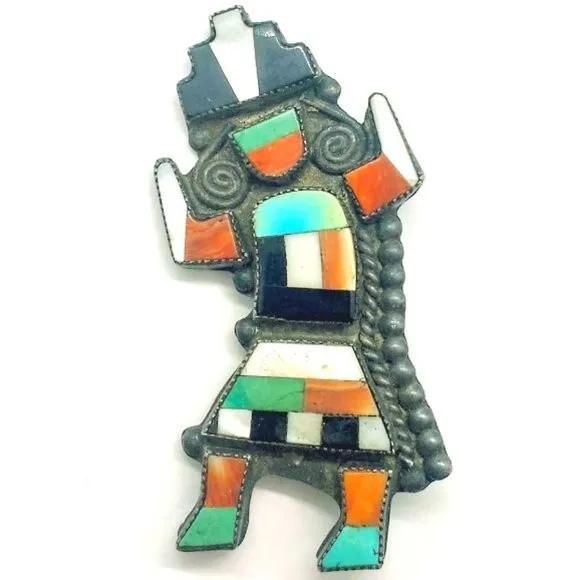 Vintage Zuni Native American Silver Rainbow Dancer Turquoise Corral Stone Brooch