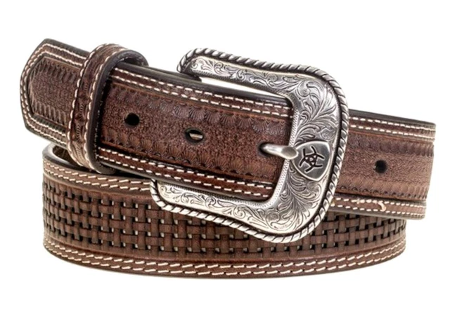 Ariat Western Mens Belt Leather Pierced Basketweave Underlay Brown A1035812