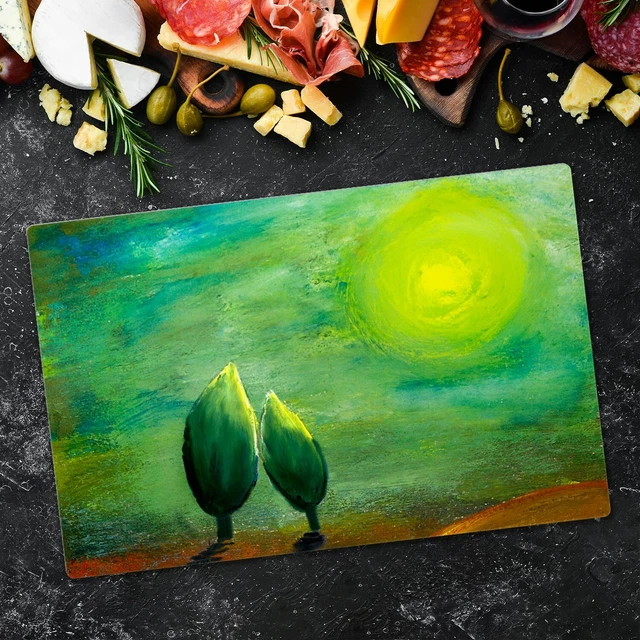 Planche à Découper En Verre - Motif Peinture Abstraite Forêt 80x52 Cm - Coloray - Neuf