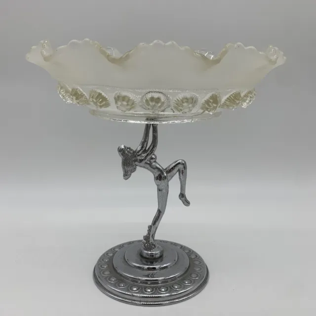 Antique Art Deco Tazza With Nude Chrome Dancing Female Bagley glass dish