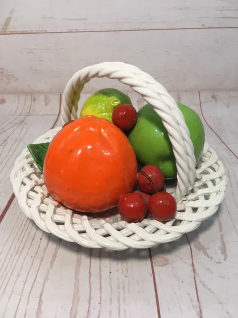 Vtg BASSANO Majolica Pottery Woven Basket Fruit Centerpiece Orange Italy