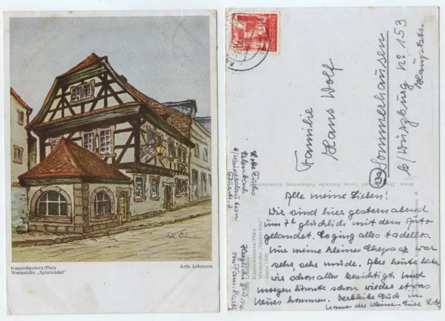 65792 - Kaiserslautern, Weinstube Spinnrädel - Künstlerkarte, gelaufen 1.10.1948