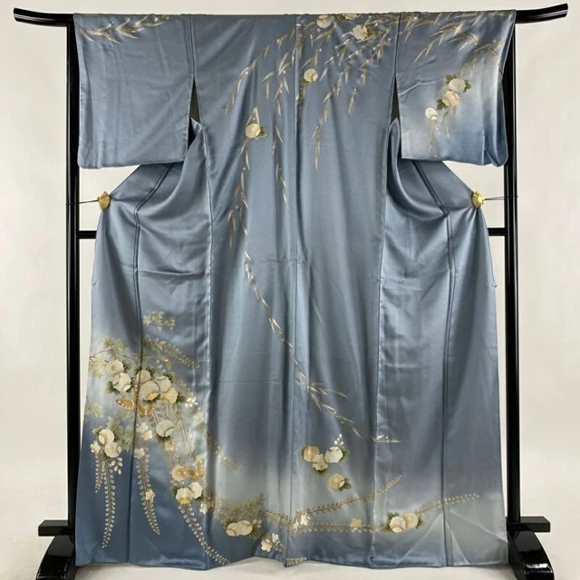 Woman Japanese Kimono Houmongi Silk Flower Butterfly Gold Silver Raden BlueGray
