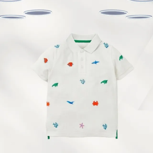 Mini Boden Boy's Sea Print Pique Polo Shirt In Ivory (Defect)