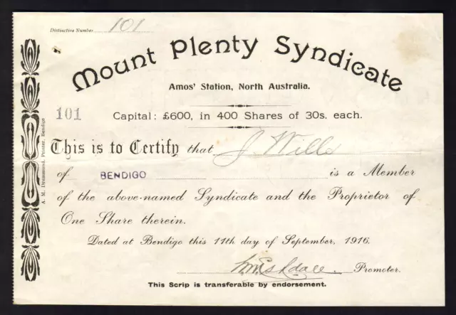 Share Scrip - Mining. 1916 Mount Plenty Syndicate - Amo's Station, Nth Australia