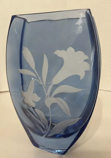 Blue Crystal Vase Sapphire Lily Frosted Glass Etched Poland 9x6x2” Mikasa