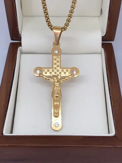 Stunning 9ct  Gold filled jesus Crucifix Cross Chain Necklace 24" FREE GIFT BOX