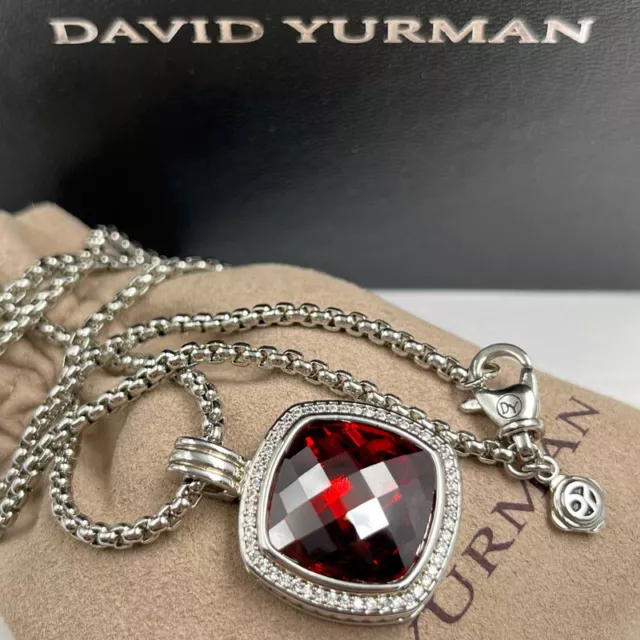 David Yurman 925 Silver Albion 20mm Red Garnet & Diamond Necklace 18”