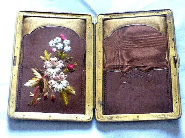 Antique Victorian Floral Embroidered Leather Calling Card Case/Wallet/Etui