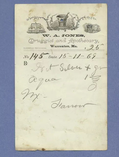 1869 WA Jones Druggist Apothecary Warrenton Missouri Prescription Receipt No 145