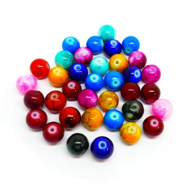 100 Marbled Mottled Glass Beads - 10mm (Dia) - Bright Mixed Colours - P01661