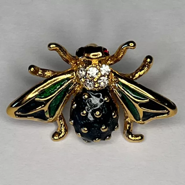Bee Lapel Pin Jeweled Rhinestone Red Eyes - Green Body and Wings Insect Jewelry