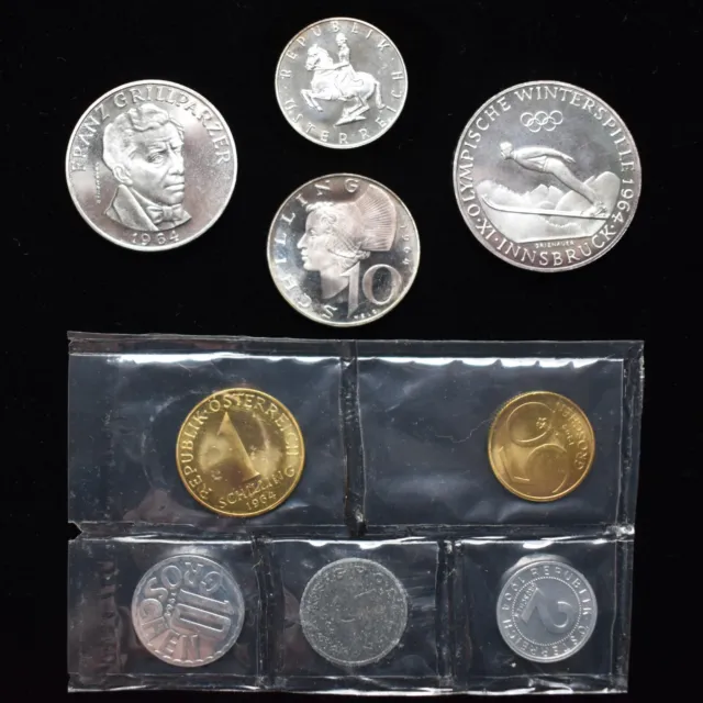 1964 AUSTRIA 9 Coin OLYMPIC PROOF SET SILVER 50 25 10 and 5 schilling