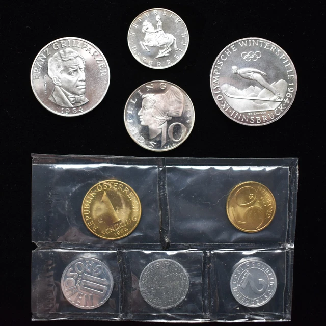 1964 AUSTRIA 9 Coin OLYMPIC PROOF SET SILVER 50 25 10 and 5 schilling